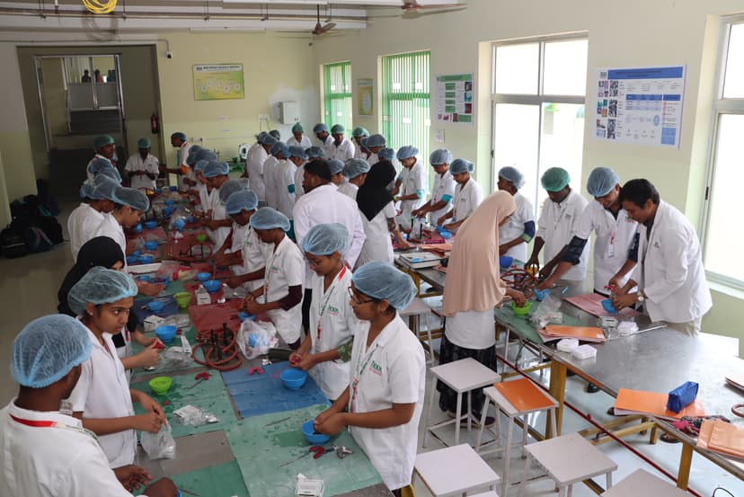 Dental students working with dental materials and impression trays in JKKN preclinical laboratory