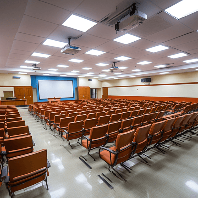 JKKN Dental College seminar hall interior with ergonomic seating and AV equipment